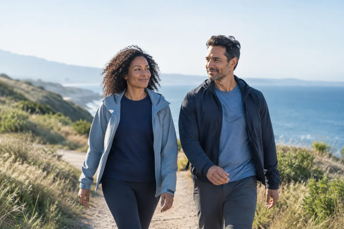 Two adults enjoying a morning walk on a coastal path.
