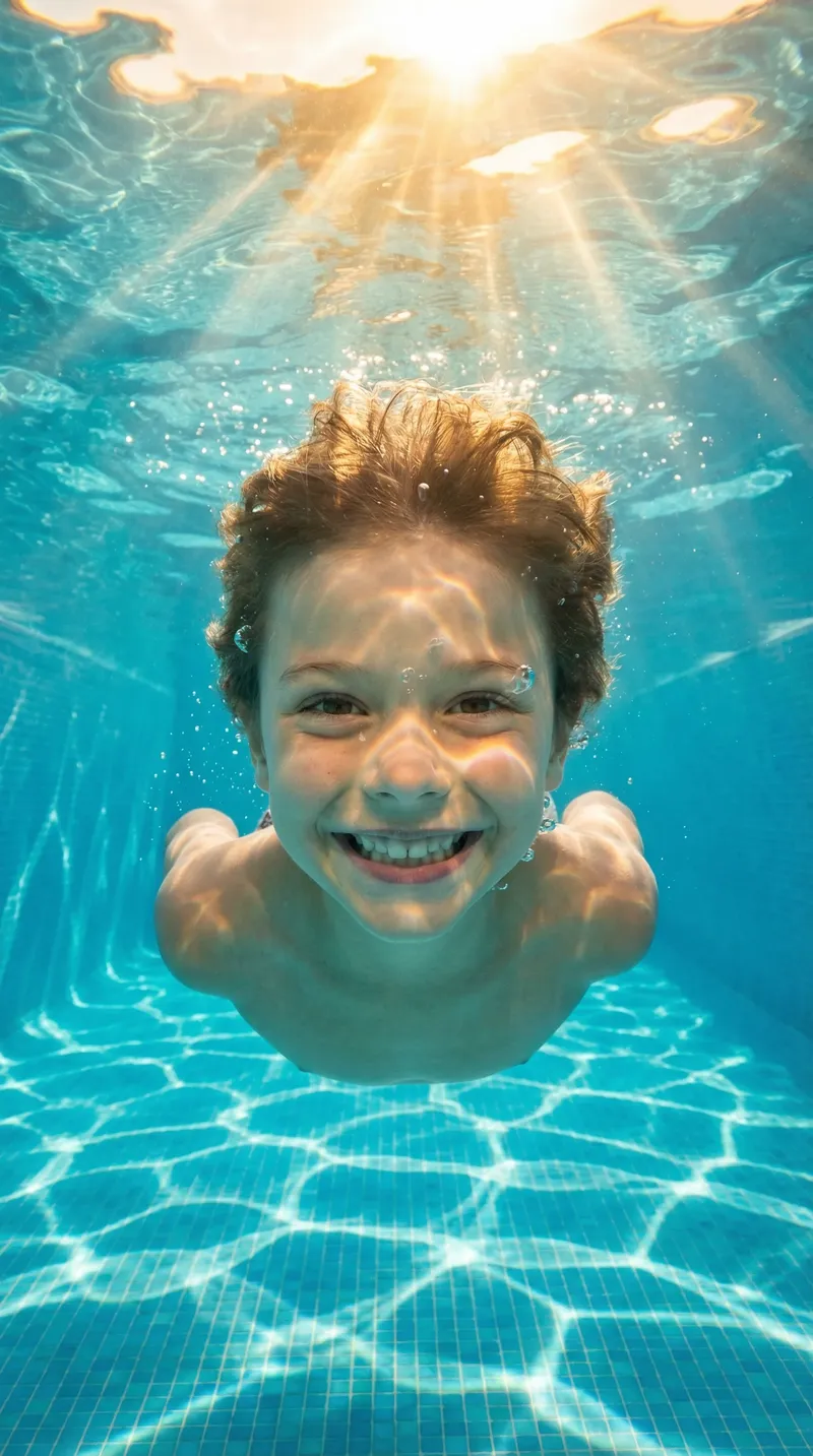 Happy child swimming underwater with eyes open — sleepSEE ortho-k lenses enable clear vision even underwater