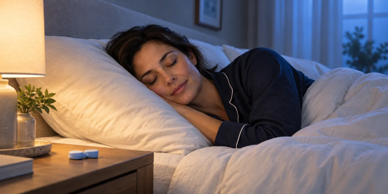 An adult asleep beside a closed contact lens case on a bedside table.