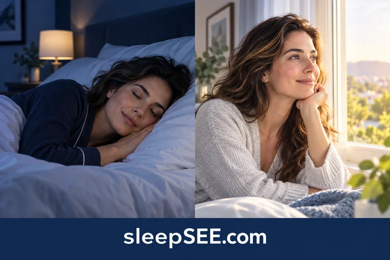 Two views of an adult woman: asleep at night, then awake by a sunlit window in the morning.