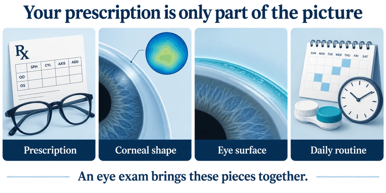 An Ortho-K eye exam checks four things: your glasses prescription, the shape of your eye, eye health, and your lens-care routine.