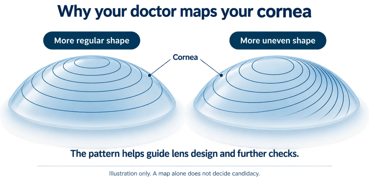 Two drawings show a more even and a less even corneal shape. The map helps guide lens design and further checks. It cannot decide on its own if Ortho-K is right for you.