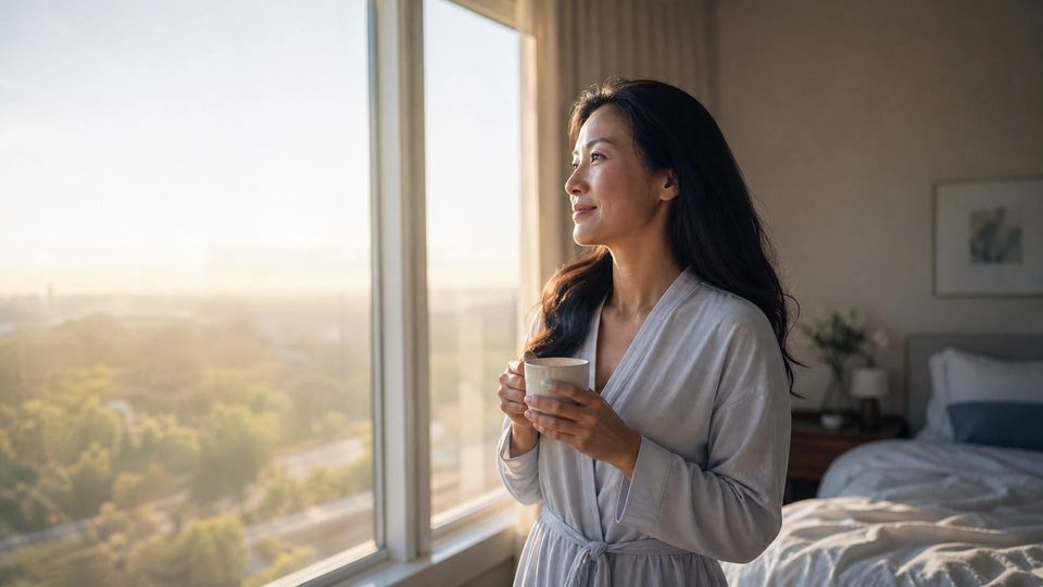 An adult wakes and looks out a bedroom window in gentle morning light.