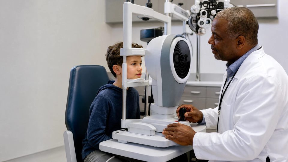 An optometrist in a white coat adjusts a corneal imaging device for a calm child.
