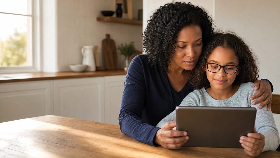 A mother sits with her daughter in eyeglasses as they look at a tablet at a sunlit kitchen table.