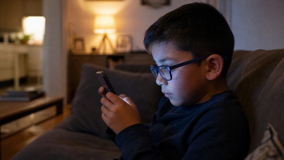A boy in eyeglasses holds a phone close while sitting in a softly lit room.