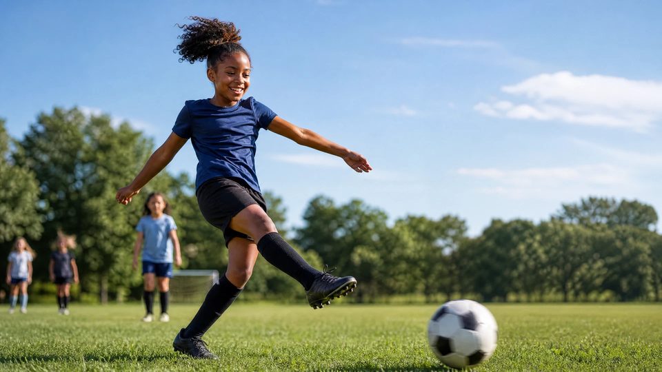 A glasses-free child smiles while kicking a soccer ball outdoors.