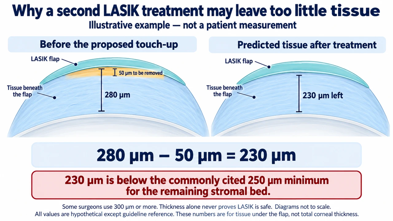 Illustrative second-LASIK calculation: 280 microns of tissue beneath the flap minus 50 microns of proposed removal leaves 230 microns, below the commonly cited 250-micron minimum. Some surgeons use 300 microns or more. Not a patient measurement or a guarantee of safety.