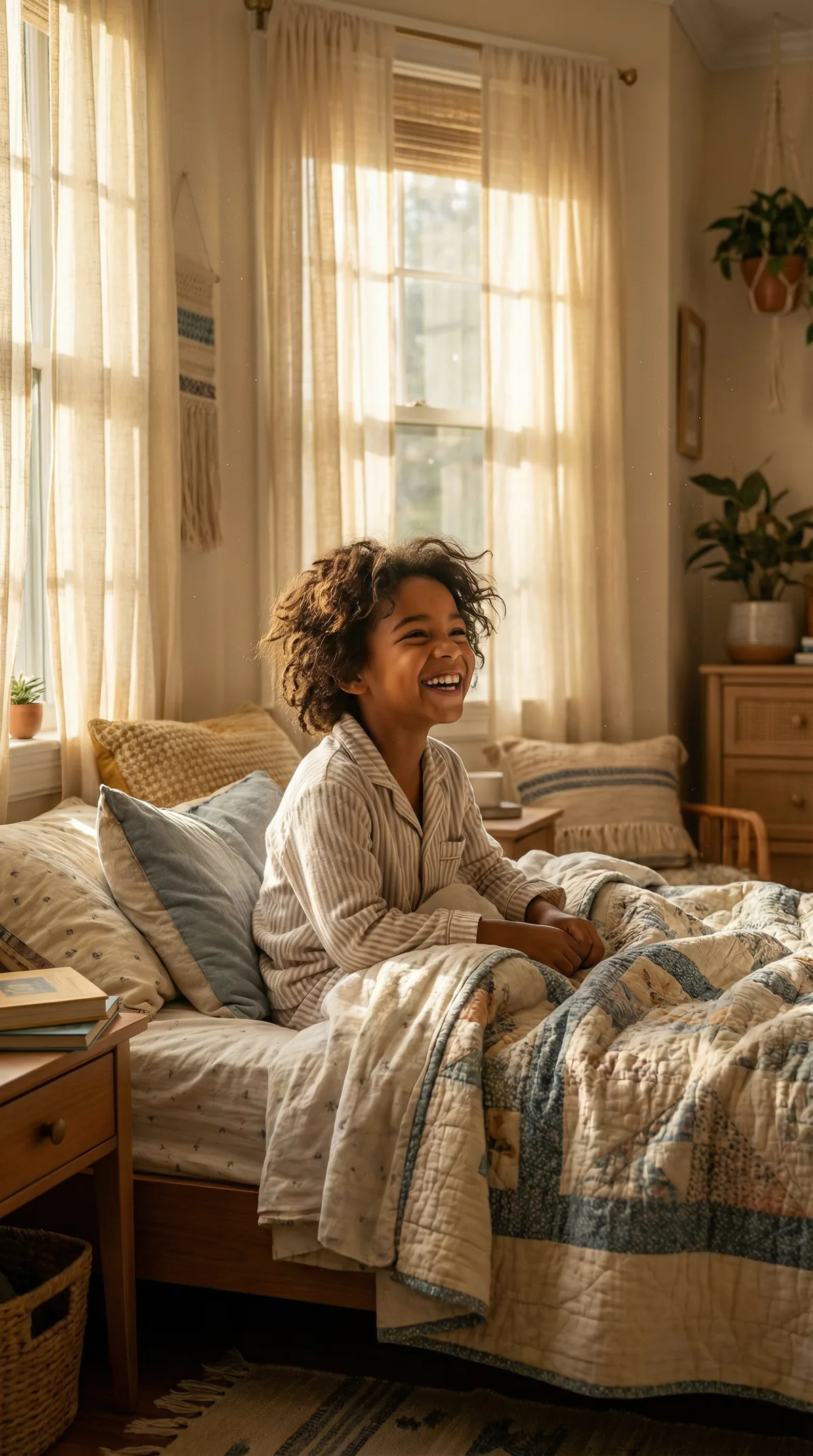 Joyful child waking up in warm morning light — clear vision without glasses thanks to sleepSEE ortho-k lenses