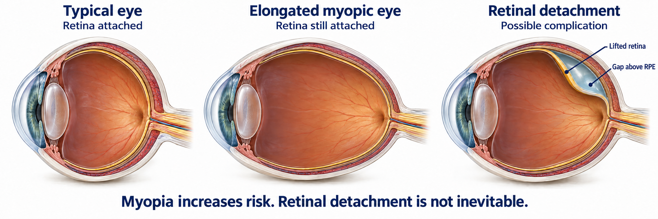 Three realistic anatomical cutaways: a typically shaped eye with an attached retina; an elongated myopic eye whose retina is still attached; and an eye with retinal detachment as a possible complication. In the third eye, the gold retinal layer lifts inward, leaving a fluid-filled gap above the RPE. The outer choroid and sclera remain together. These are separate conditions, not an inevitable sequence.