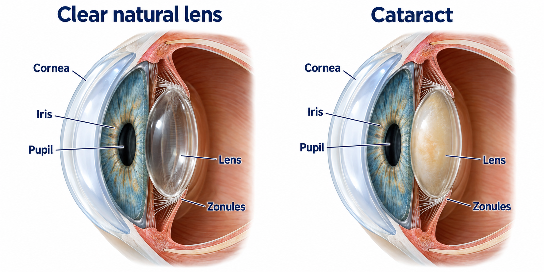 Matching cutaway views of the front of the eye. The natural lens behind the iris is clear on the left and cloudy from a cataract on the right. Both corneas remain clear.