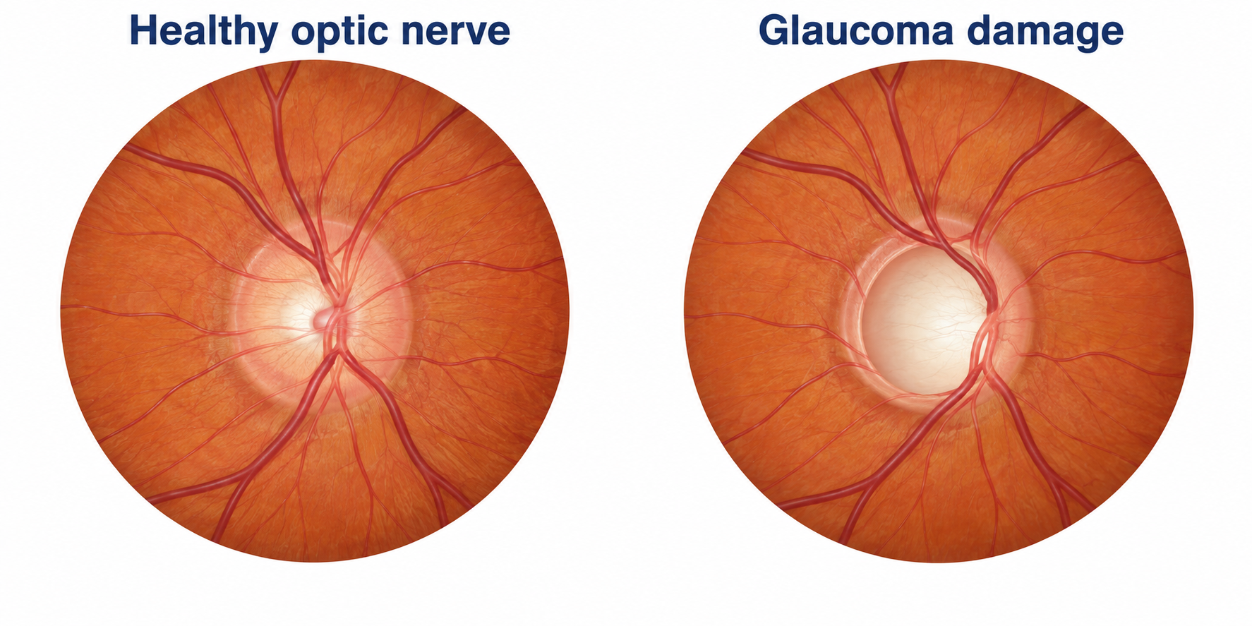 Close-ups of a healthy optic nerve head and a nerve head with glaucoma damage. The damaged nerve has a larger central cup and a thinner rim of nerve tissue. This is an anatomical comparison, not a view of what a person sees.