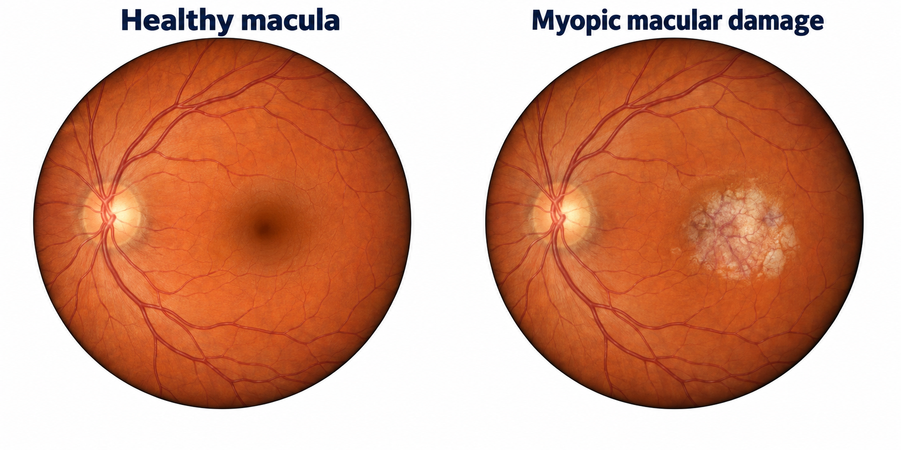 Two views of the retina. The healthy view has an intact central macula. The myopic view has a pale patch of tissue loss at the macula, separate from the optic nerve. This is one example of myopic macular degeneration.