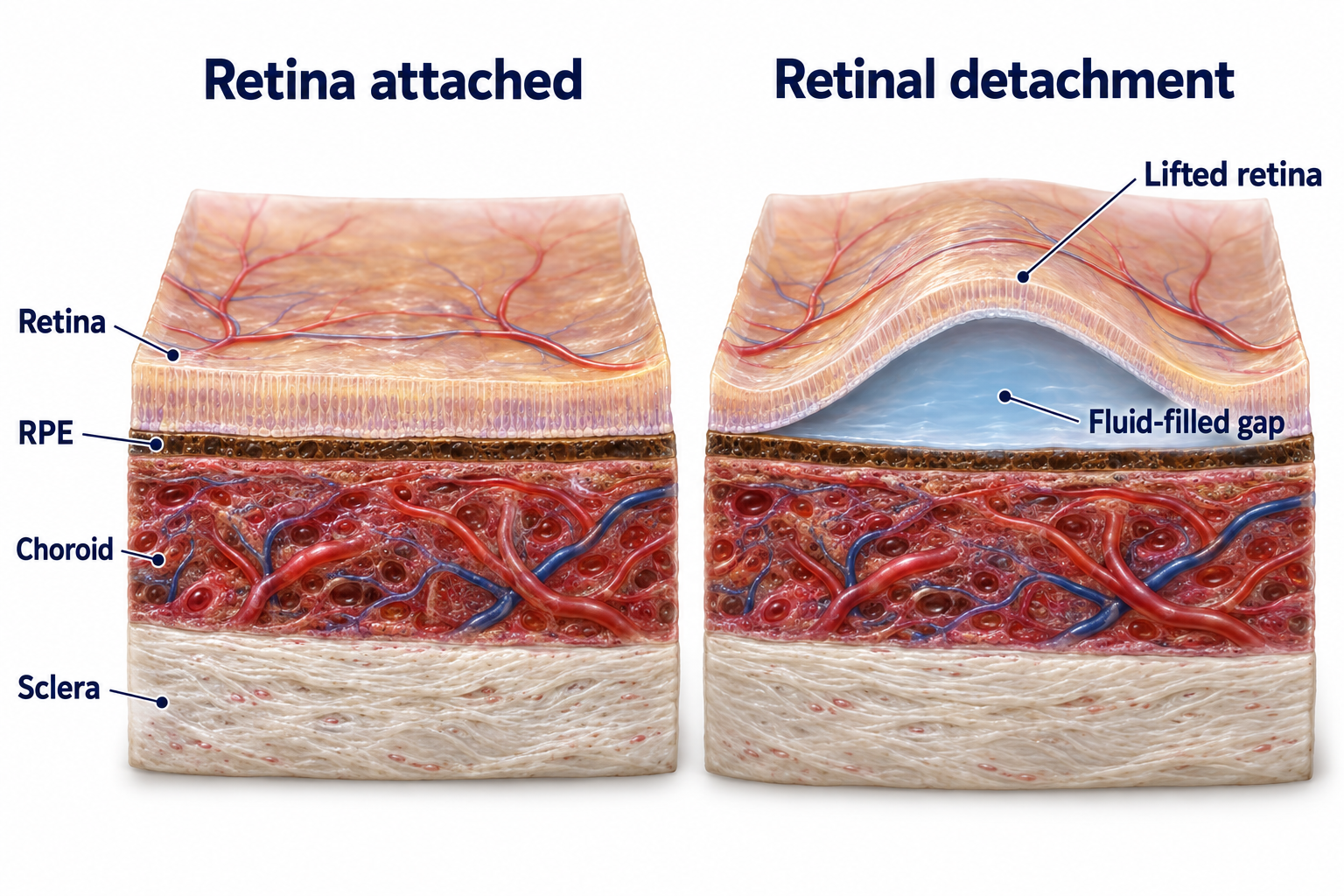 Two realistic close-ups of the back wall of the eye. Left: the retina lies against a thin support layer called the retinal pigment epithelium, or RPE, above the blood-vessel-rich choroid and white sclera. Right: the retina lifts away from the RPE, leaving a fluid-filled gap. The RPE stays on the choroid, and the choroid stays against the sclera.