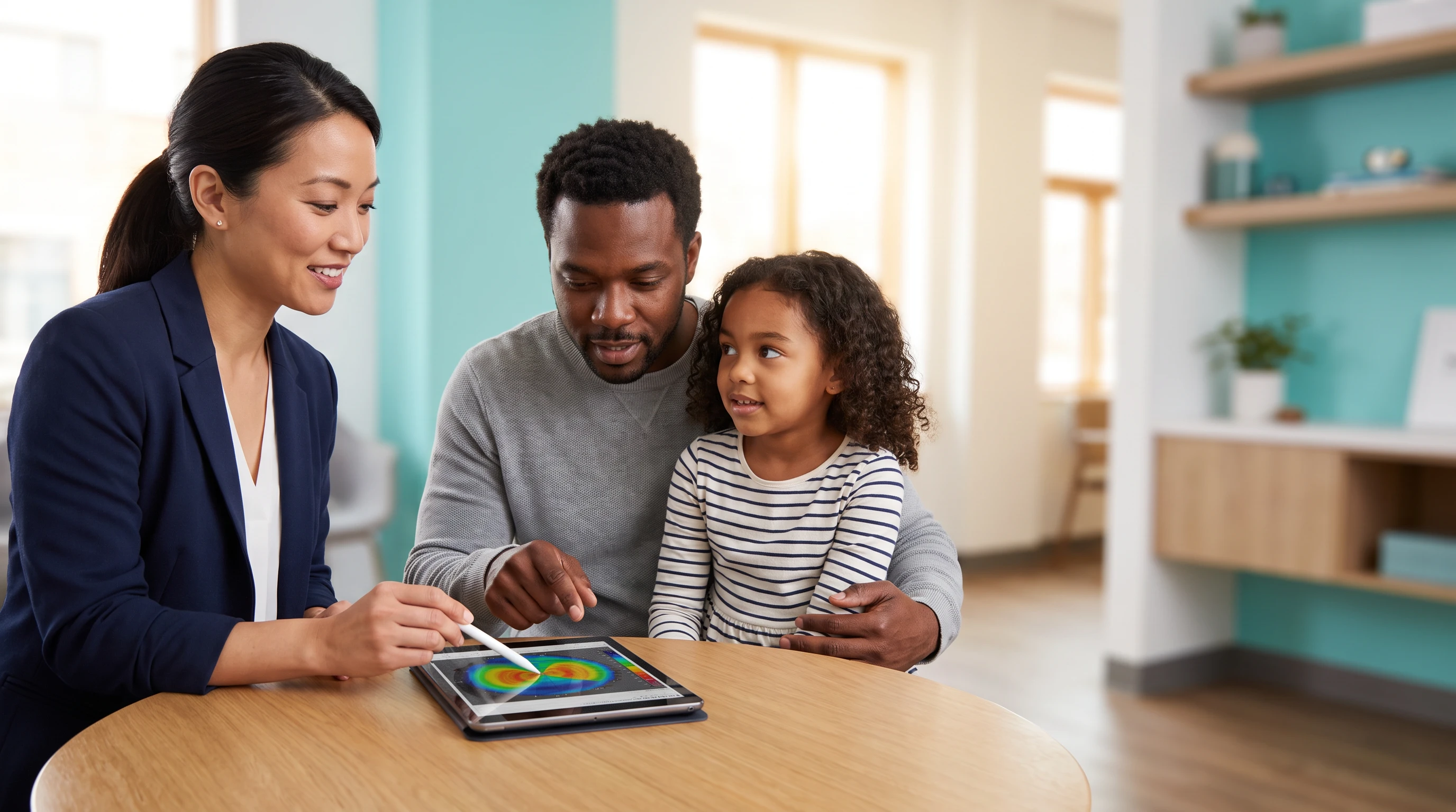 Optometrist explaining myopia control options to a parent and child