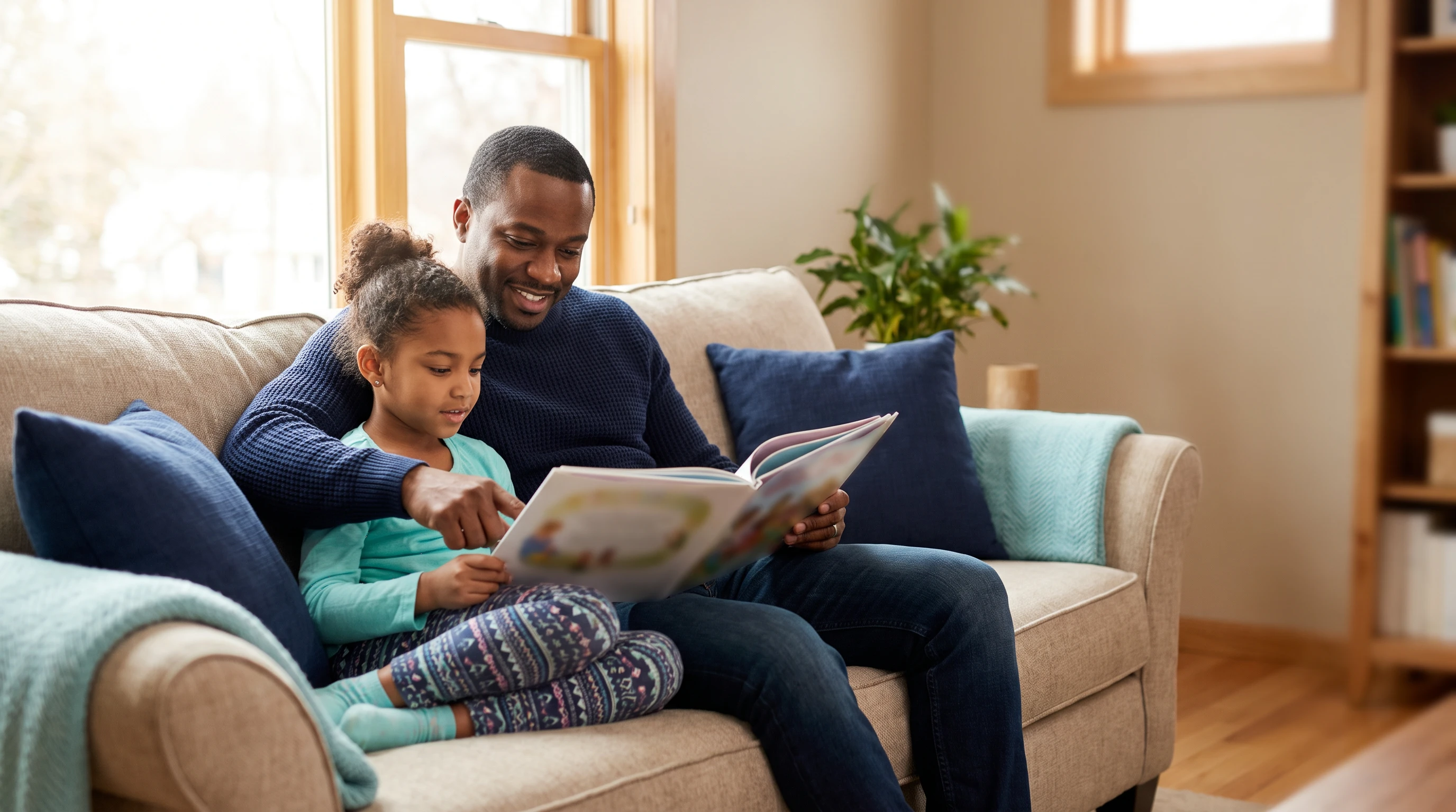 A young child reading a book very closely